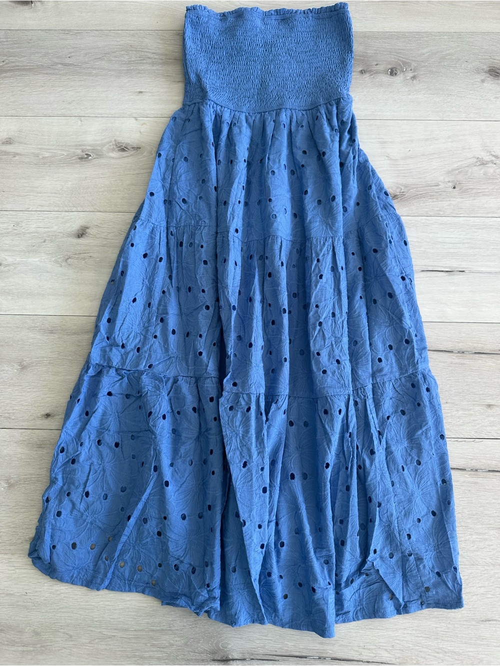 Zesica Boho Summer Midi Smocked Eyelet Flowy Beach Dress Cornflower Blue S NWT